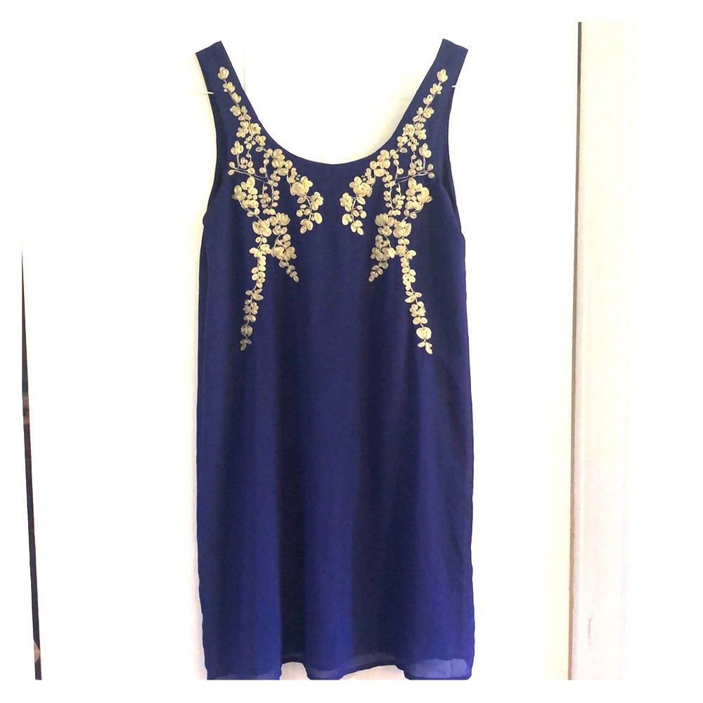 Blue shift dress with beautiful detail!